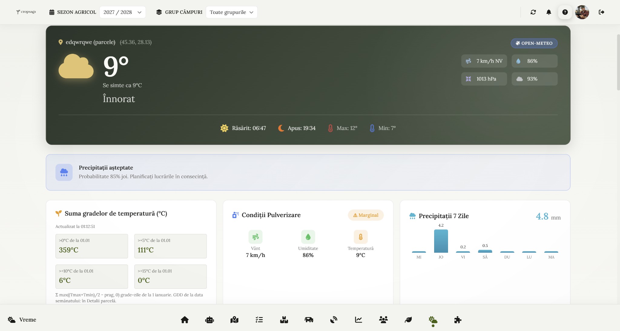 Vreme și prognoză la fermă în CropSaga
