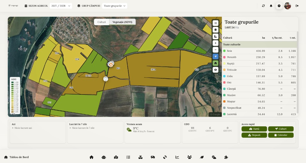 CropSaga — tablou de bord: hartă NDVI, culturi, meteo și GDD